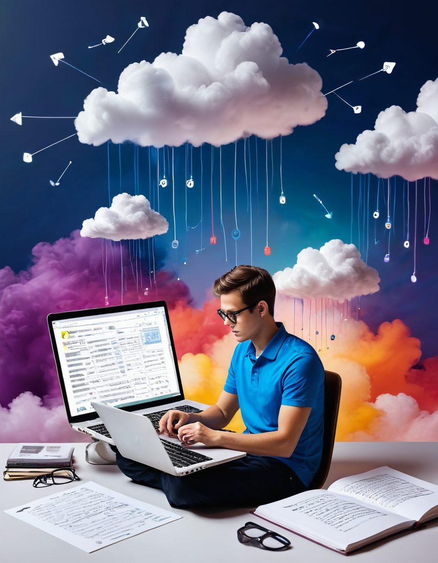 A vibrant digital landscape showcasing a person transforming a diary into a bright, interactive blog. The scene features a blend of traditional journaling elements like a pen and open notebook merging with modern tech symbols like a laptop and social media icons. The backdrop includes elements representing growth and influence, such as clouds of ideas and flowing data streams. The overall aesthetic should be colorful, engaging, and inspiring, embodying the essence of transformation from personal to influential blogging. 3D. vibrant colors. modern design.