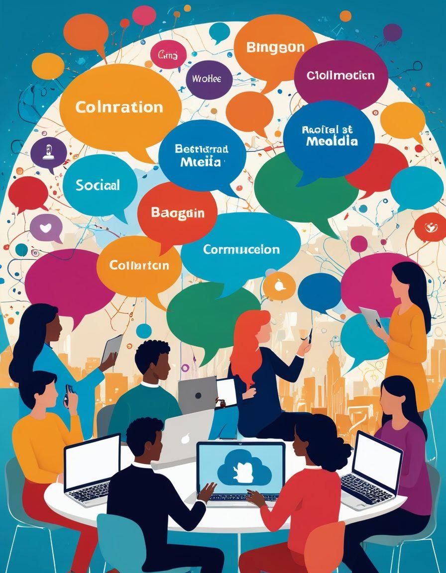 A vibrant illustration of diverse bloggers connecting in a digital landscape, with colorful speech bubbles and social media icons floating around. Show various people sharing ideas, writing, and engaging with their laptops and mobile devices, symbolizing community and collaboration. Include elements like a virtual world map to indicate a global connection. lively colors and dynamic energy to evoke a sense of thriving interaction. vector art. bright colors.