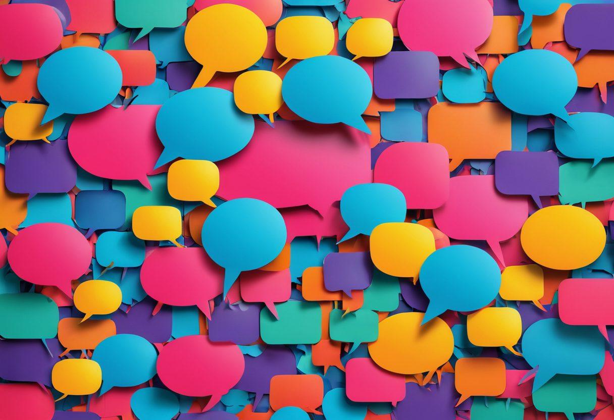 A vibrant collage of diverse voices represented by colorful speech bubbles, each containing unique blogging symbols like laptops, microphones, and hashtags. The background features a digital landscape with interconnected nodes symbolizing community and connection. Bright, engaging colors to evoke creativity and enthusiasm for blogging. super-realistic. vibrant colors. 3D.